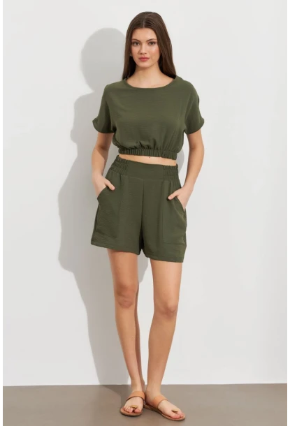 Kadın Haki Crop Şort Takım Q1014