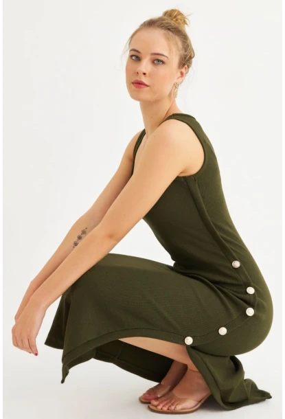 Kadın Haki Düğme Detaylı Kaşkorse Midi Elbise EY2837