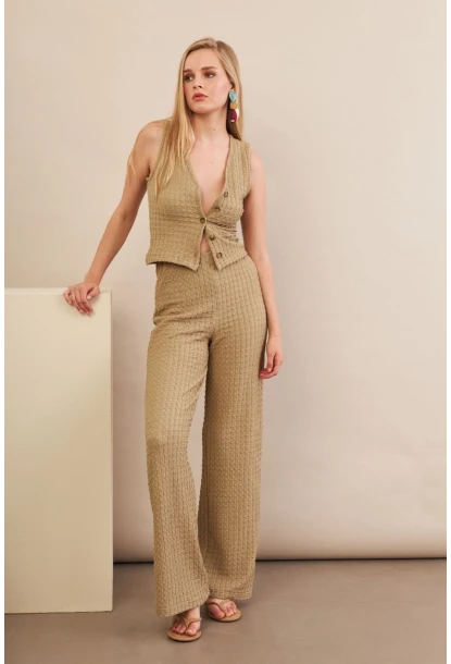 Kadın Haki Gofre Yelek Pantalon Takım FLU330