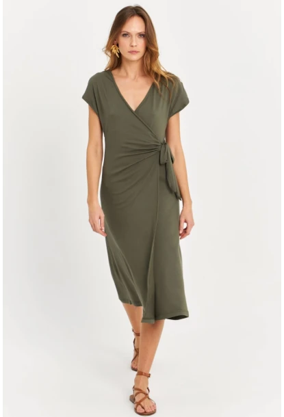 Kadın Haki Kruvaze Midi Elbise EY3044