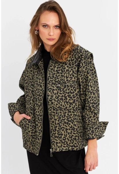 Kadın Haki Leopar Denim Ceket MELT1174
