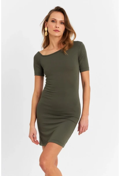 Kadın Haki Tek Omuz Açık Mini Elbise EY3079