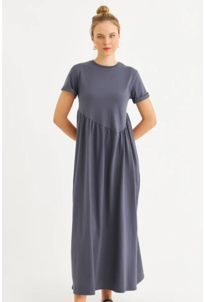 Kadın İndigo Asimetrik Dikişli Maxi Elbise MDMR440