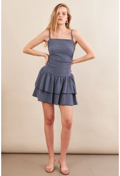 Kadın İndigo Fırfırlı Mini Elbise MOD7593