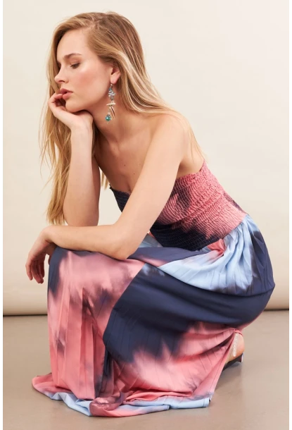 Kadın İndigo-Pudra Straplez Pilise Uzun Elbise MSİ100