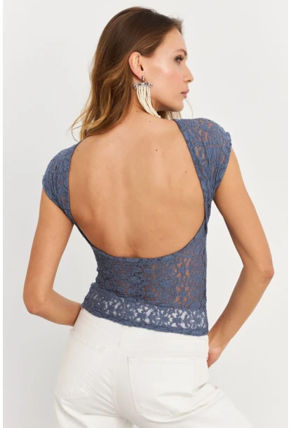 Kadın İndigo Sırtı Açık Dantel Bluz ZH04