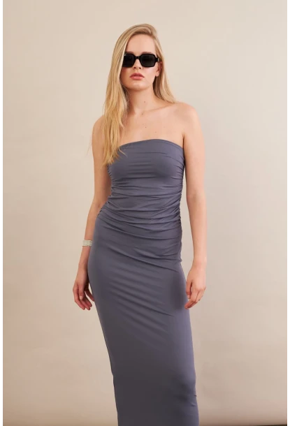 Kadın İndigo Straplez Büzgülü Midi Elbise MX2005