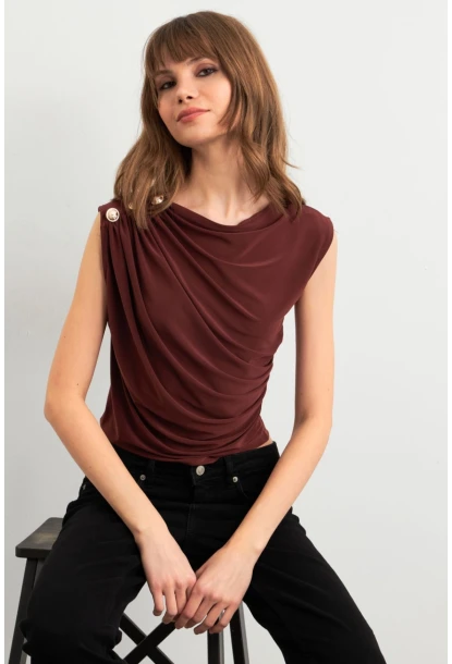 Kadın Kahve Düğme Detaylı Büzgülü Bluz LPP1205-1