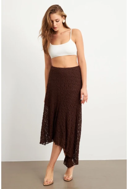 Kadın Kahverengi Asimetrik Dantel Midi Etek ZH357