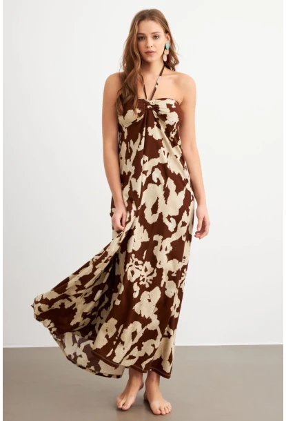 Kadın Kahverengi Büzgülü Desenli Midi Elbise KAB304