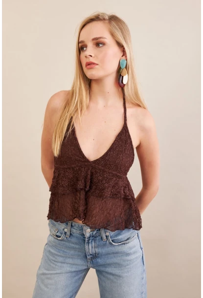 Kadın Kahverengi Dantel Bluz ZH324