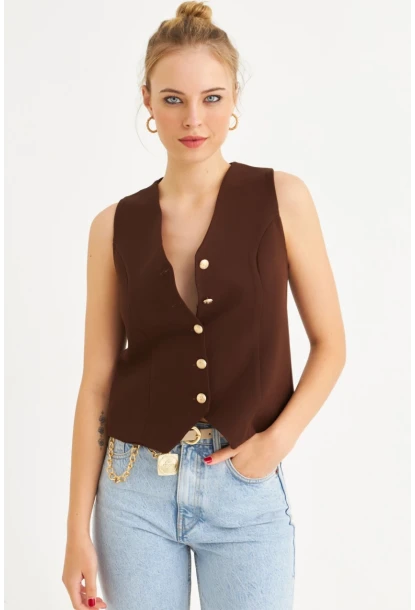 Kadın Kahverengi Düğme Detaylı Astarlı Yelek SGT410