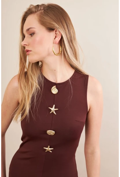 Kadın Kahverengi Düğme Detaylı Mini Elbise MOD201