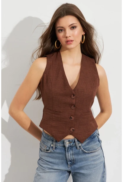 Kadın Kahverengi Keten Astarlı Yelek TW60046