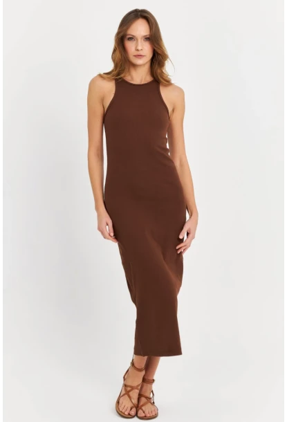 Kadın Kahverengi Kolsuz Kaşkorse Midi Elbise EY3049