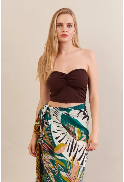 Kadın Kahverengi Korse Dikişli Crop Bluz AN6025