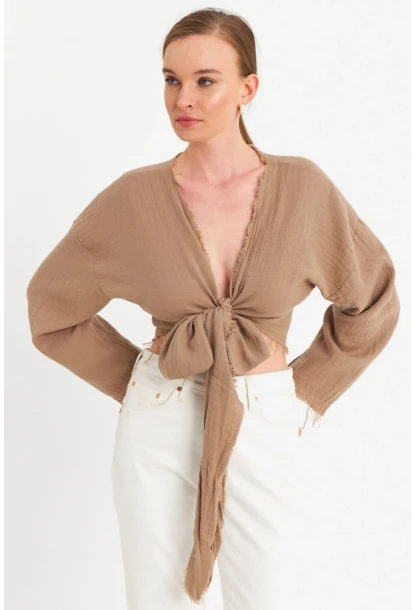 Kadın Kahverengi Müslin Crop Bluz PC20700