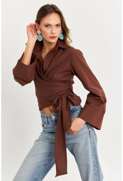 Kadın Kahverengi Önü Bağlamalı İspanyol Kol Gömlek MON142