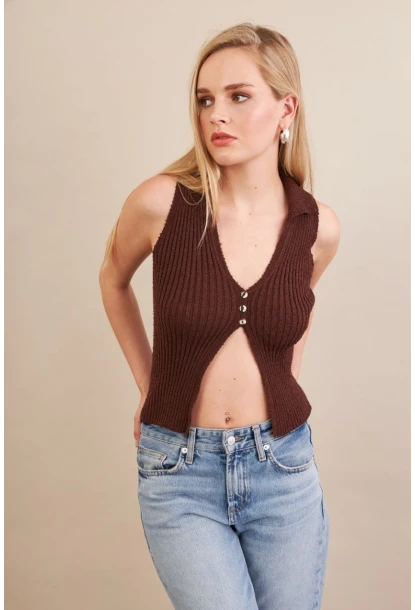 Kadın Kahverengi Polo Yaka Yumoş Yelek ZH050