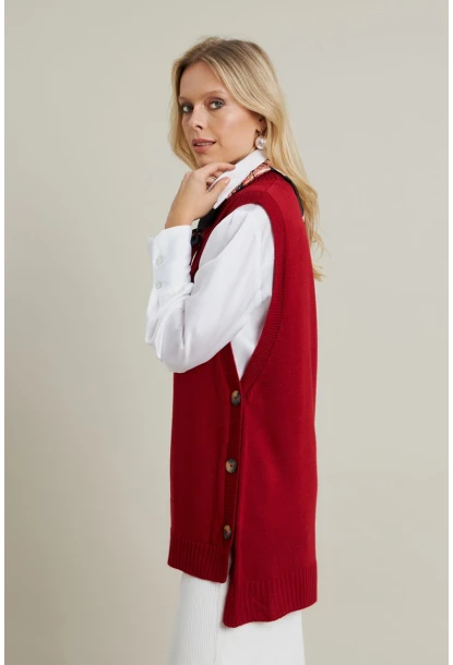 Kadın Kiremit Yanları Düğmeli Kolsuz Triko Tunik YV75