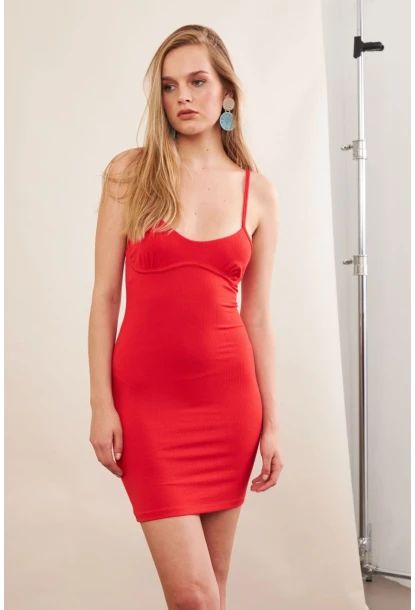 Kadın Kırmızı Askılı Mini Elbise SAN105