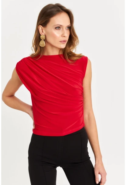 Kadın Kırmızı Büzgülü Kolsuz Bluz LPP1205-90