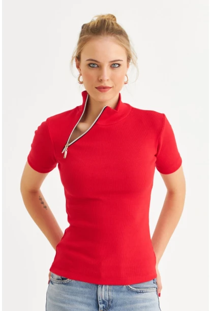 Kadın Kırmızı Çapraz Fermuarlı Kaşkorse Bluz EY3000
