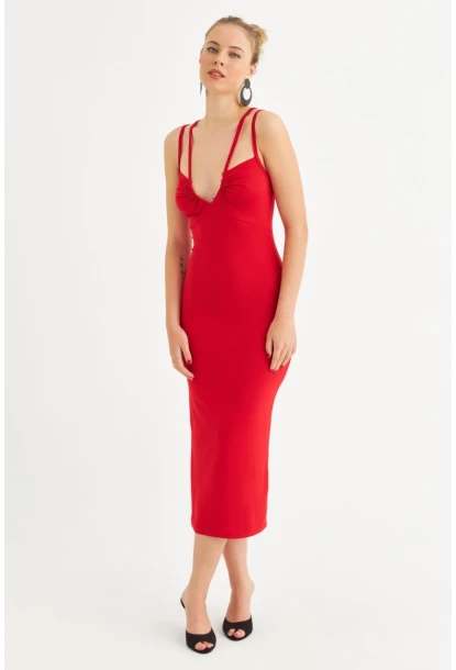 Kadın Kırmızı Çift Askılı V Yaka Midi Elbise EY3087