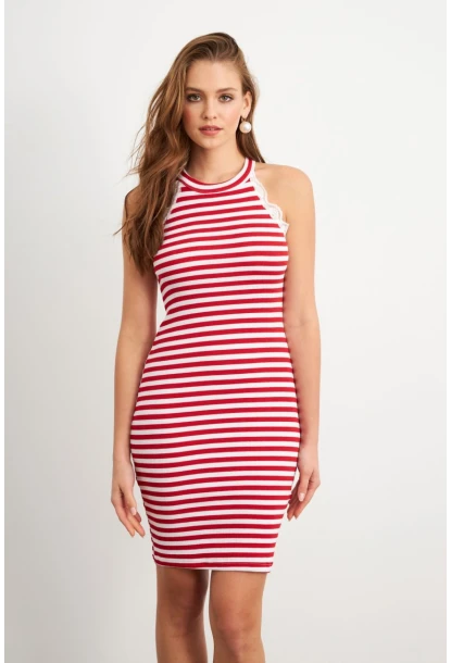 Kadın Kırmızı Dantel Detaylı Çizgili Midi Elbise MK36