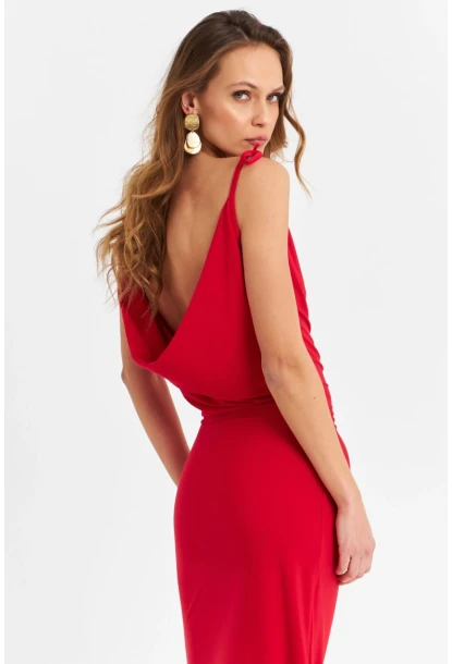 Kadın Kırmızı Degaje Maxi Elbise HOR0071