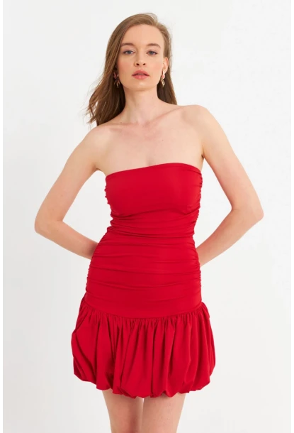 Kadın Kırmızı Drapeli Mini Elbise B6033