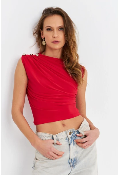 Kadın Kırmızı Düğme Detaylı Büzgülü Bluz LPP1205-1
