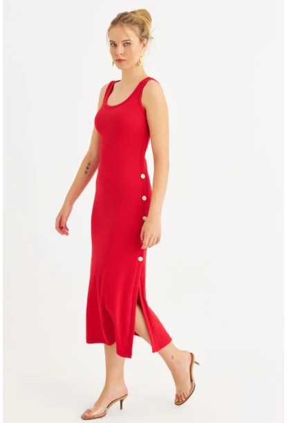 Kadın Kırmızı Düğme Detaylı Kaşkorse Midi Elbise EY2837