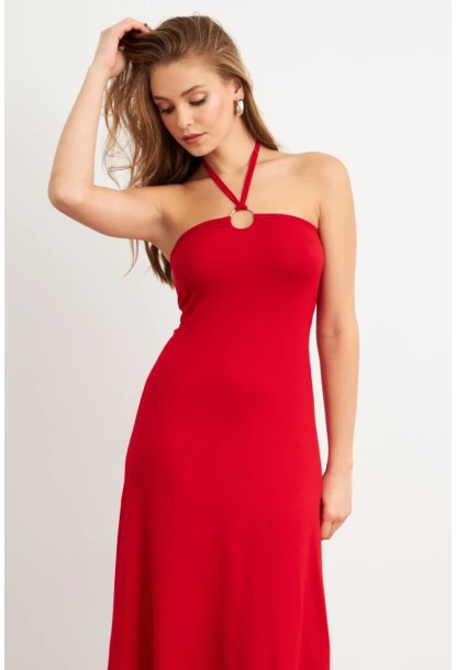Kadın Kırmızı Halka Detaylı Midi Elbise EY3089