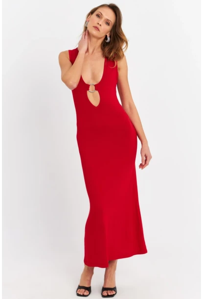 Kadın Kırmızı Halka Detaylı Pencereli Midi Elbise EY3078