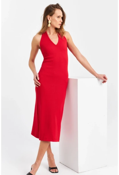 Kadın Kırmızı Pencereli Kaşkorse Midi Elbise EY3063