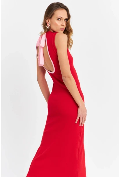 Kadın Kırmızı Sırtı Açık Kaşkorse Midi Elbise EY3064