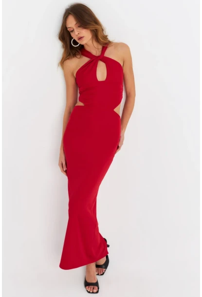 Kadın Kırmızı Sırtı Açık Pencereli Maxi Elbise DCF232
