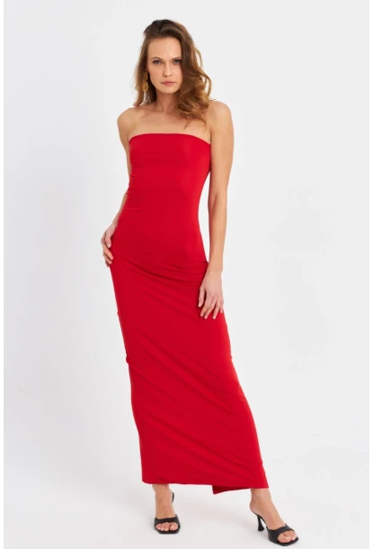 Kadın Kırmızı Straplez Yırtmaçlı Midi Elbise XC005