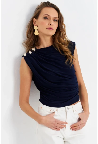 Kadın Lacivert Düğme Detaylı Büzgülü Bluz LPP1205-1