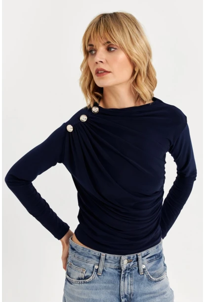 Kadın Lacivert Düğme Detaylı Büzgülü Bluz LPP1223-1