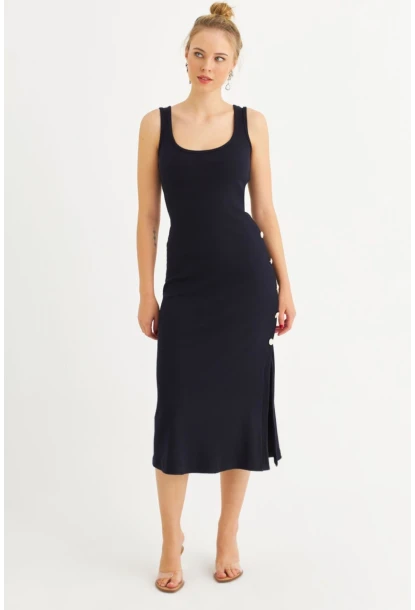 Kadın Lacivert Düğme Detaylı Kaşkorse Midi Elbise EY2837