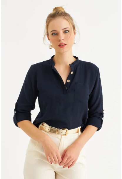 Kadın Lacivert Düğmeli Keten Gömlek Bluz BTH17