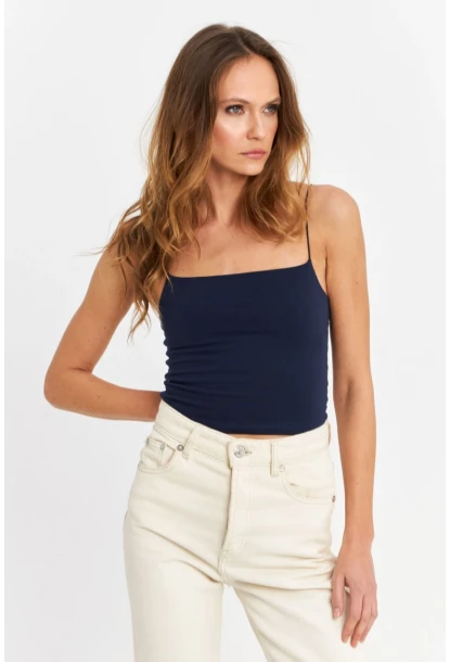 Kadın Lacivert İp Askılı Crop Bluz EV63