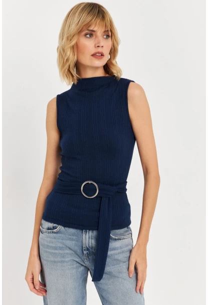 Kadın Lacivert Kemer Aksesuarlı Bluz TF67