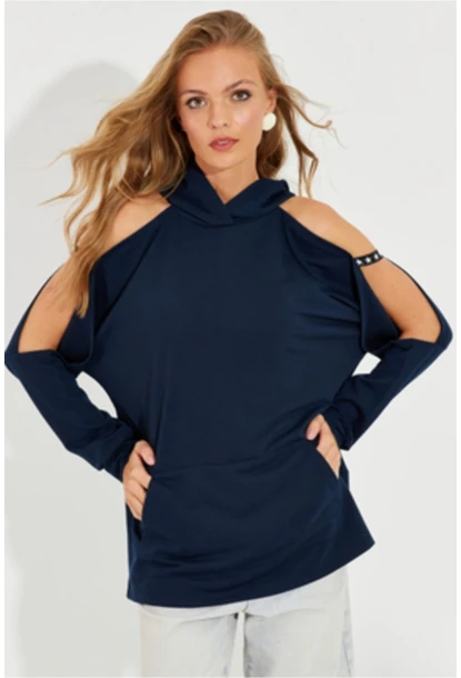 Kadın Lacivert Kolları Açık Kapüşonlu Sweatshirt Yİ2356