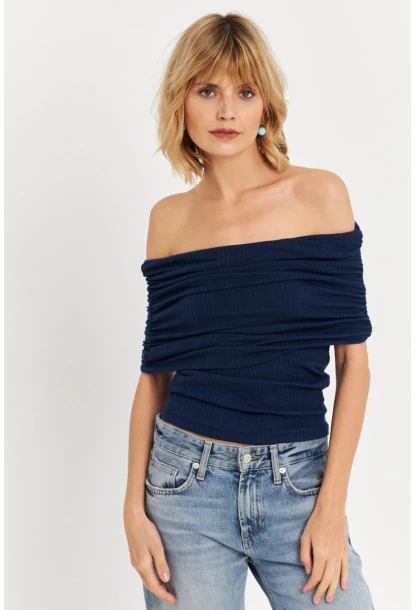 Kadın Lacivert Kolsuz Madonna Yaka Bluz TF51