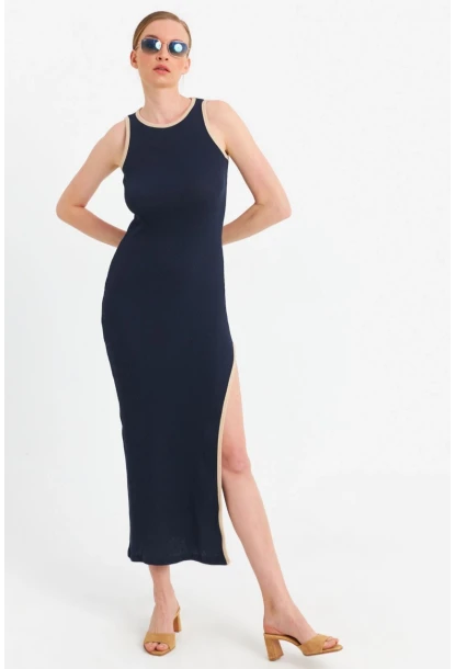 Kadın Lacivert Kontrast Biyeli Yırtmaçlı Maxi Elbise OR2087
