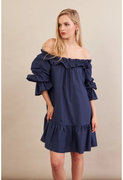 Kadın Lacivert Madonna Yaka Midi Elbise PSG1012