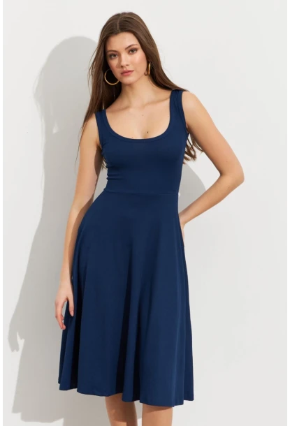 Kadın Lacivert Ön Arka U Çan Etekli Midi Elbise DMR470